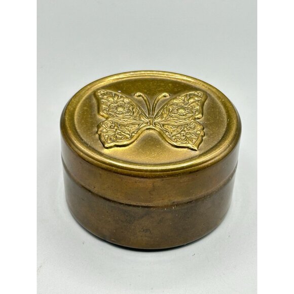 Butterfly Embossed Brass Box Small Cylindric Lidded Trinket Box Red Velvet - Picture 4 of 9